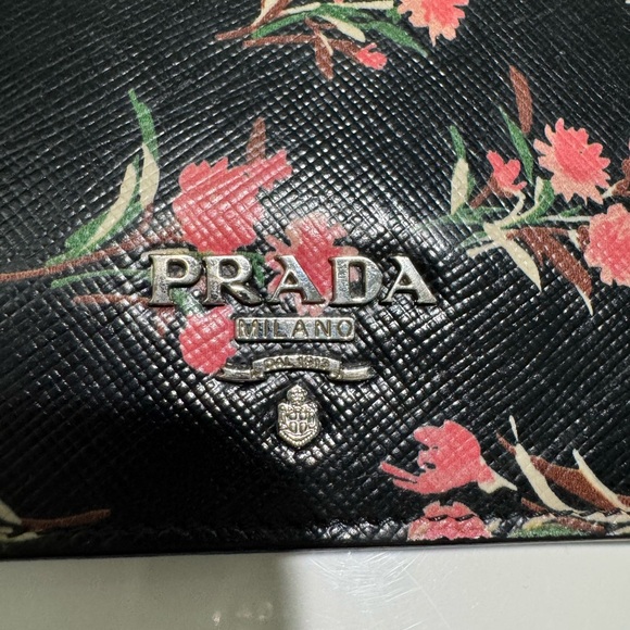 PRADA Saffiano Leather Small Bifold Wallet Black Floral Print - Picture 6 of 14